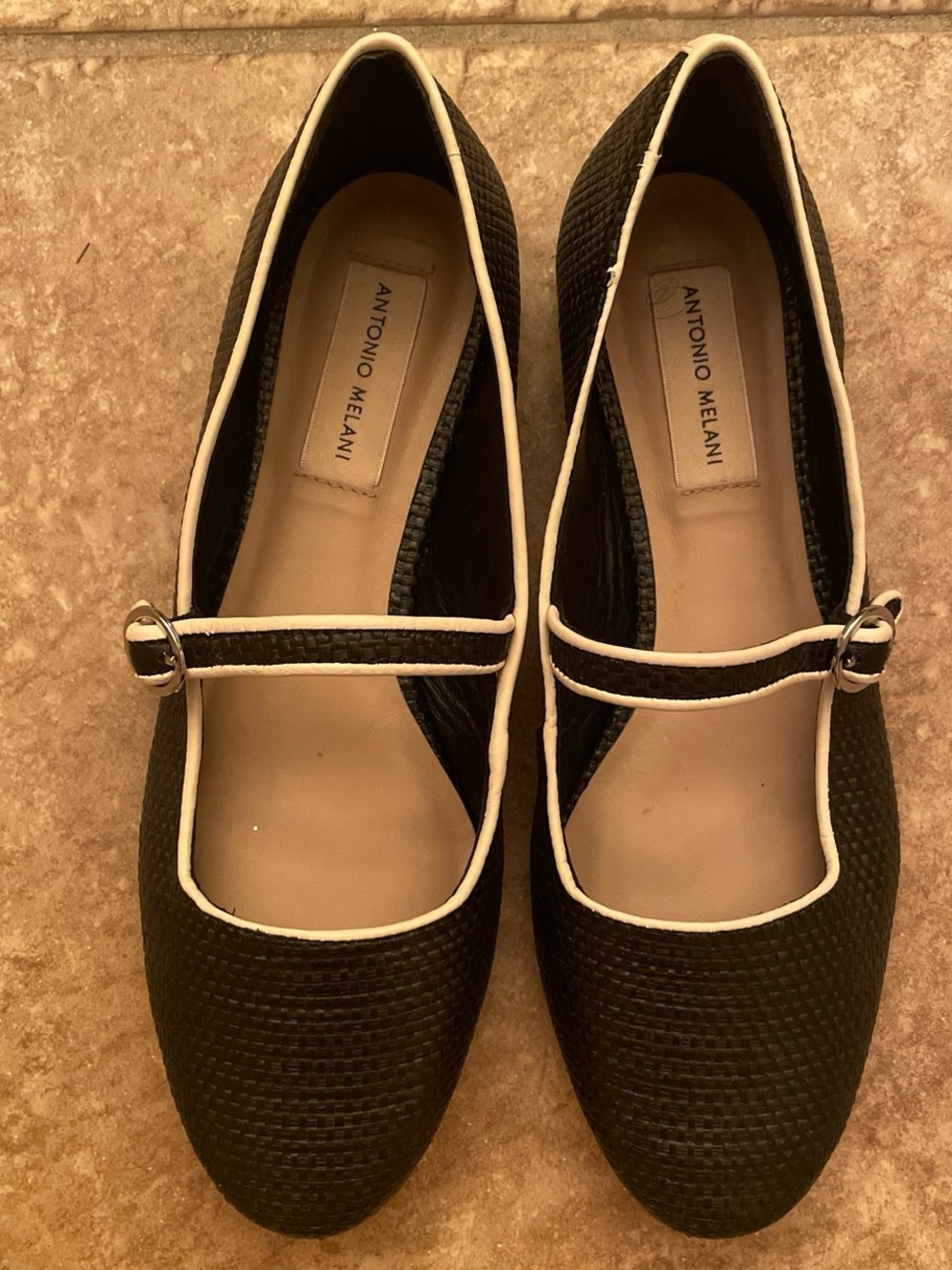 ANTONIO MELANI Black Mary Jane Flats with White Piping
